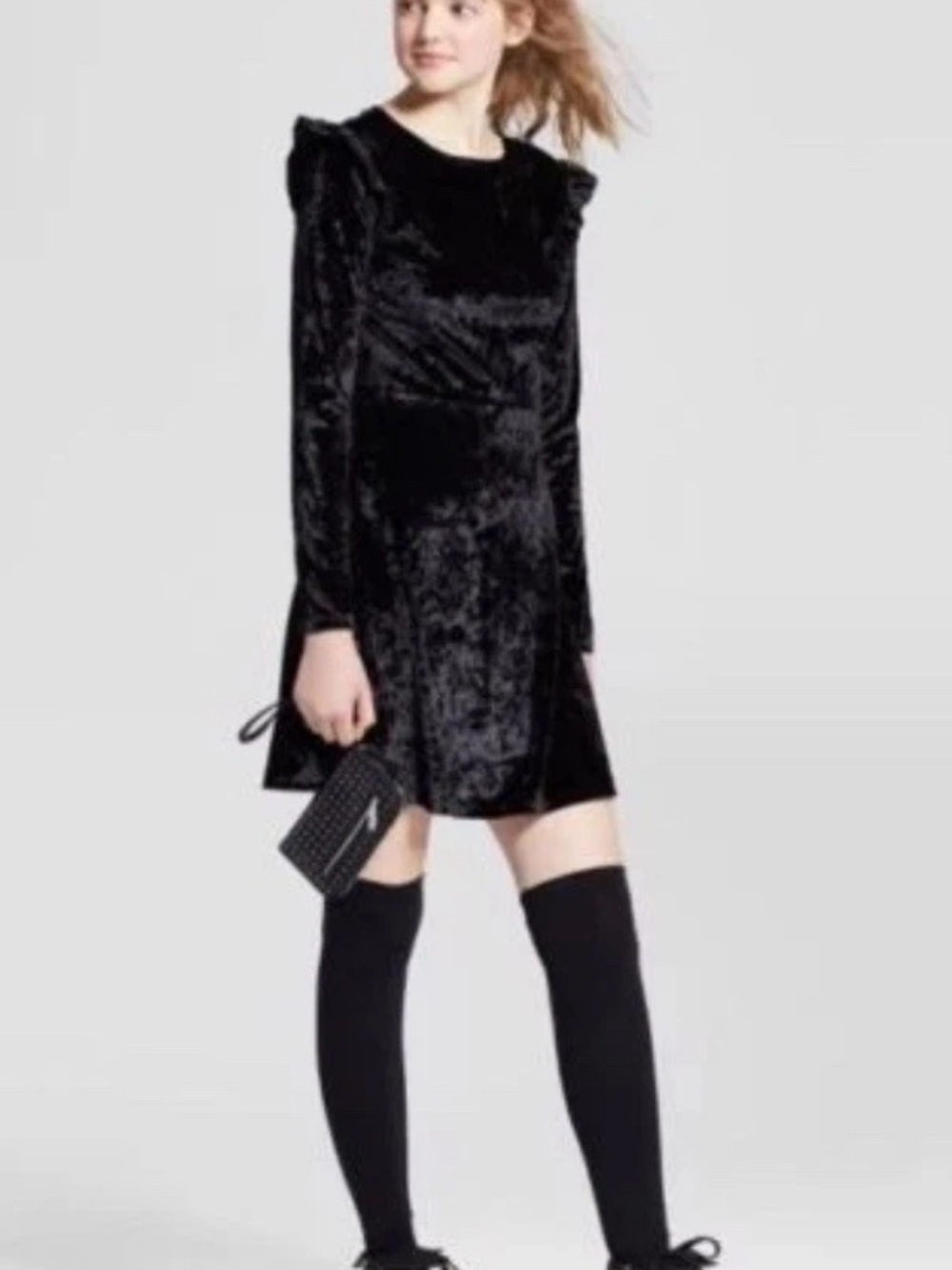 Mossimo Supply Co. Black Velvet Mini Dress with Ruffle Shoulders